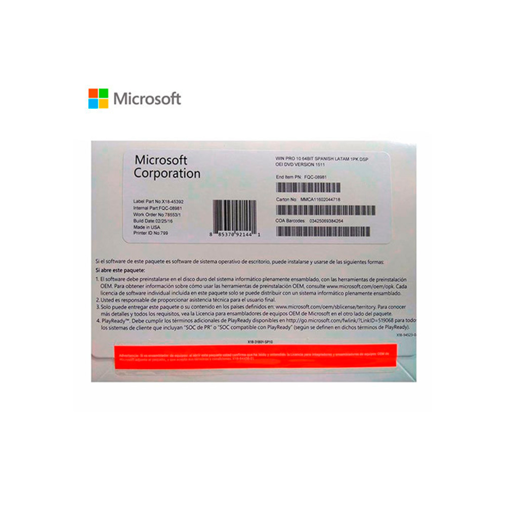 FQC-08981 MS OEM WINDOWS PRO 1O X64 BITS